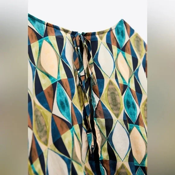 Zara Multicolored Round Neck Bohemian Printed Open Back Tied Top Sz M - Picture 7 of 15